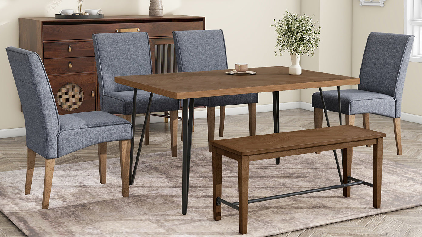 Modern 6-Piece Dining Table Set with V-Shape Metal Legs, Wood Kitchen Table Set with 4 Upholstered Chairs and Bench for 6,Brown