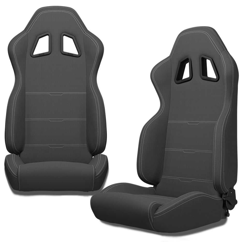 Sporty Reclinable Racing Seats - Pair of White Stripe Fabric Seats