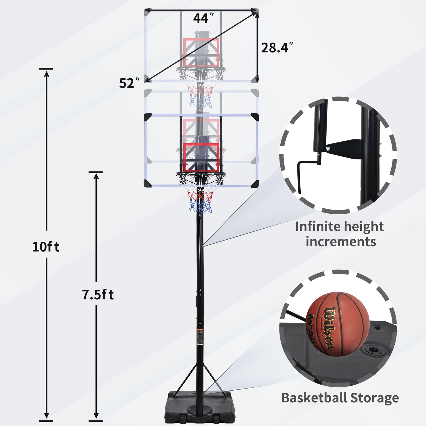 Portable Basketball Hoop & Goal with Vertical Jump Measurement, Outdoor Basketball System with 7.5-10ft Height Adjustment in 44'' Backboard for Youth/Audlt, Manual Lifting Basketball Hoop