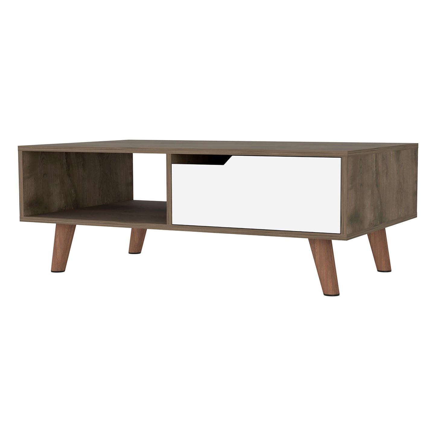 Elegant Dark Brown and White Coffee Table with Drawer and Shelf