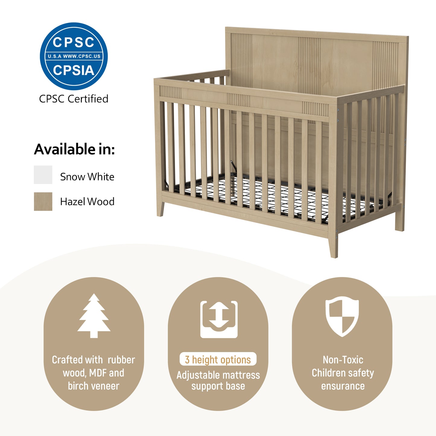 Certified Baby Safe Crib, Pine Solid Wood, Non-Toxic Finish, Hazel Wood