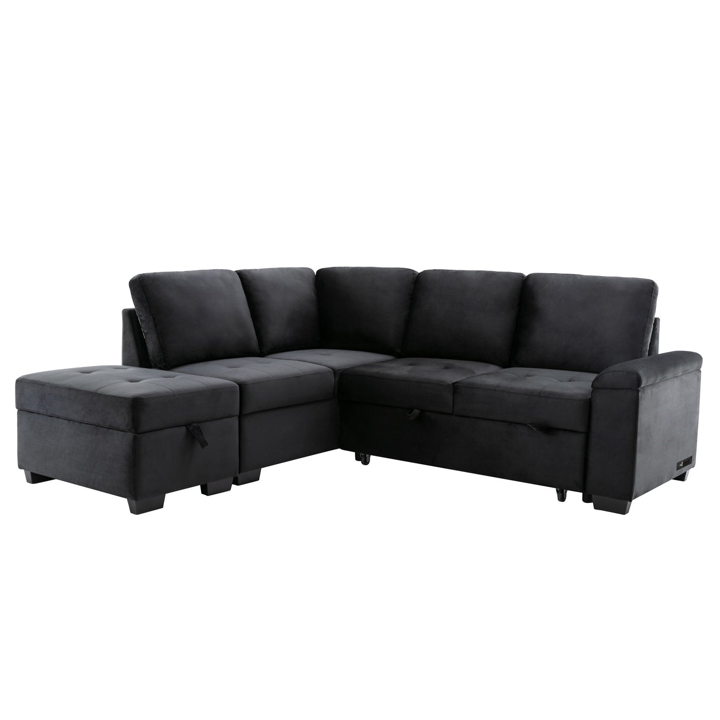 L-Shaped Sleeper Sectional Sofa with Storage Ottoman, USB Charge, and Hidden Arm Storage in Black Velvet