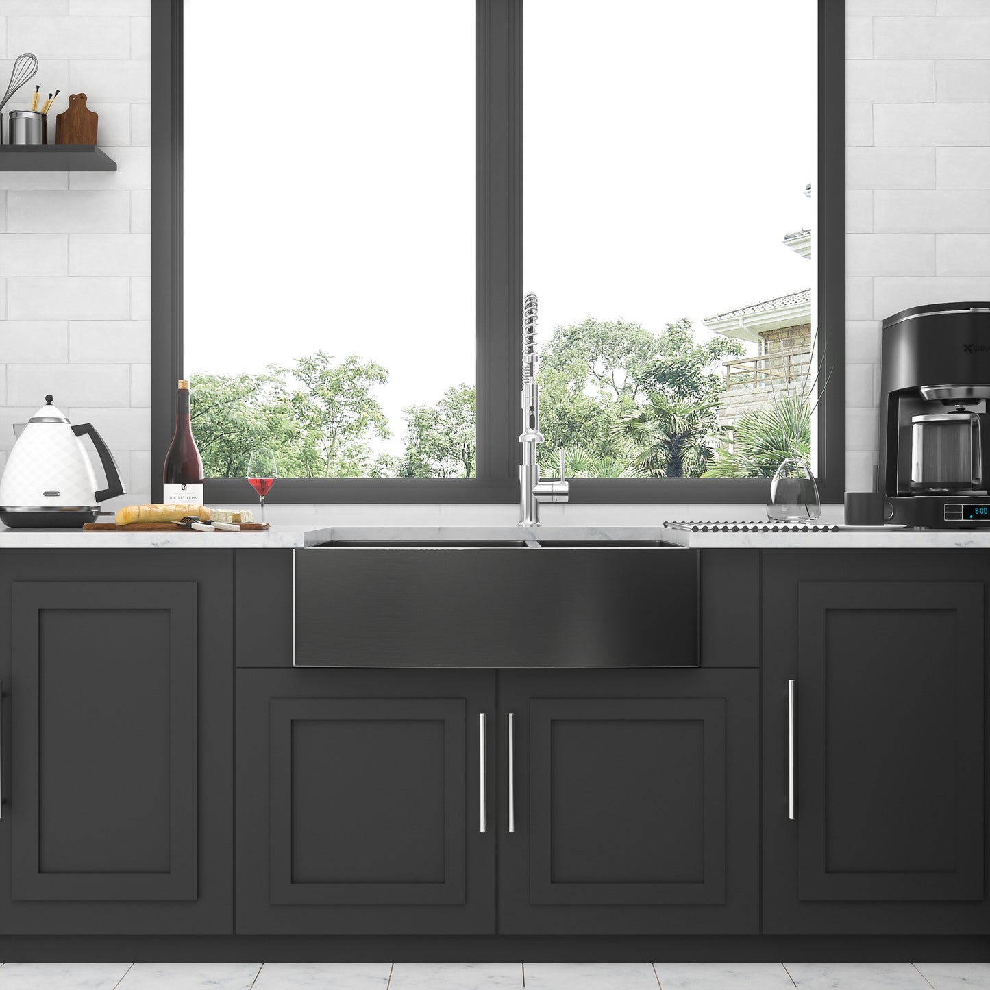 Gunmetal Black Double Bowl Farmhouse Kitchen Sink - 33x21x10 Stainless Steel Apron Front Sink with Two 10 Deep Basins