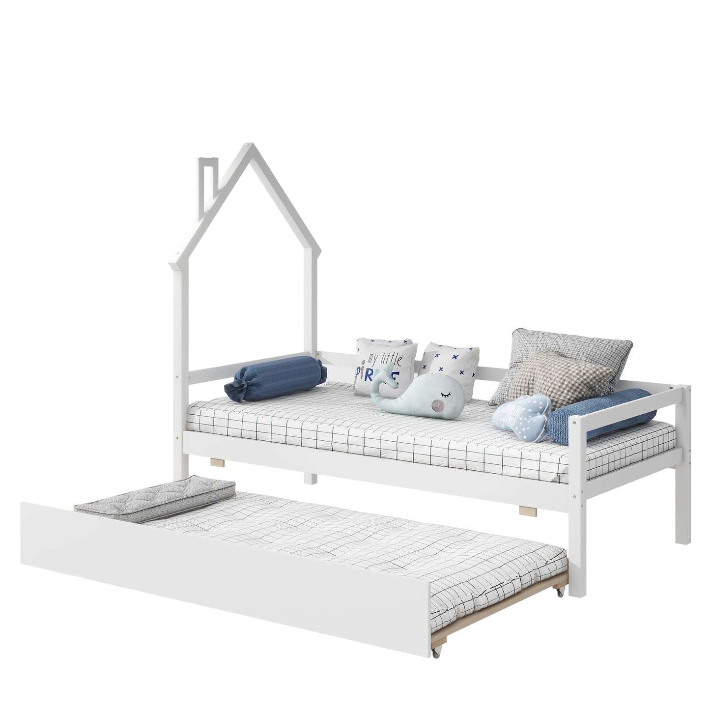 Twin Wooden Daybed with trundle, Twin House-Shaped Headboard  bed with Guardrails,White