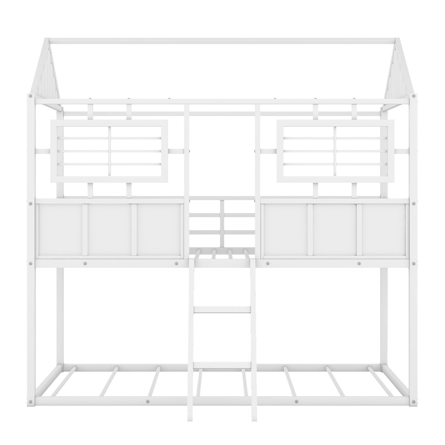 Rustic White Metal Twin Bunk Beds with Roof and Fence Guardrail