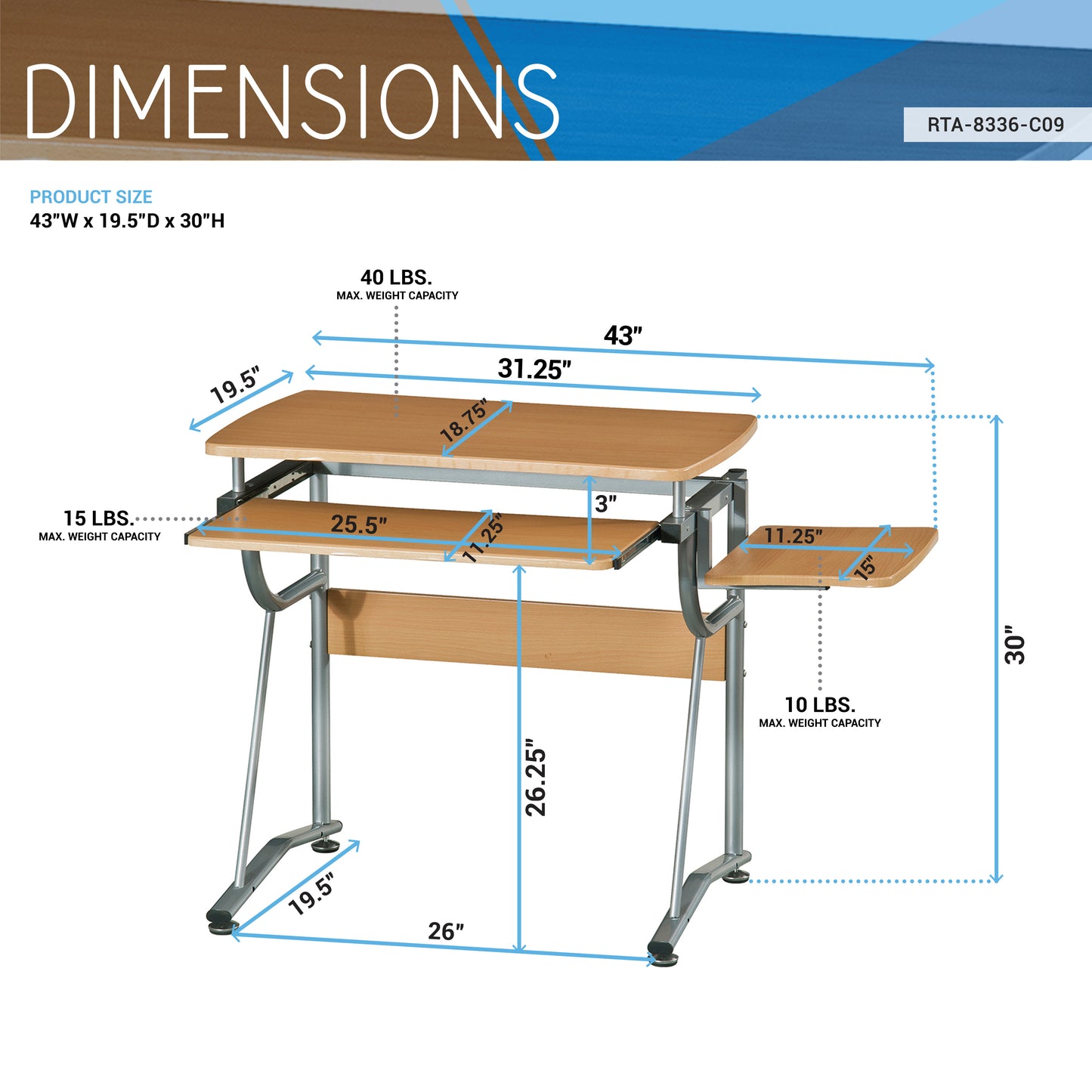 Cherry Compact Computer Desk with Side Shelf, Keyboard Panel, and Solid Wood Filler Steel Base