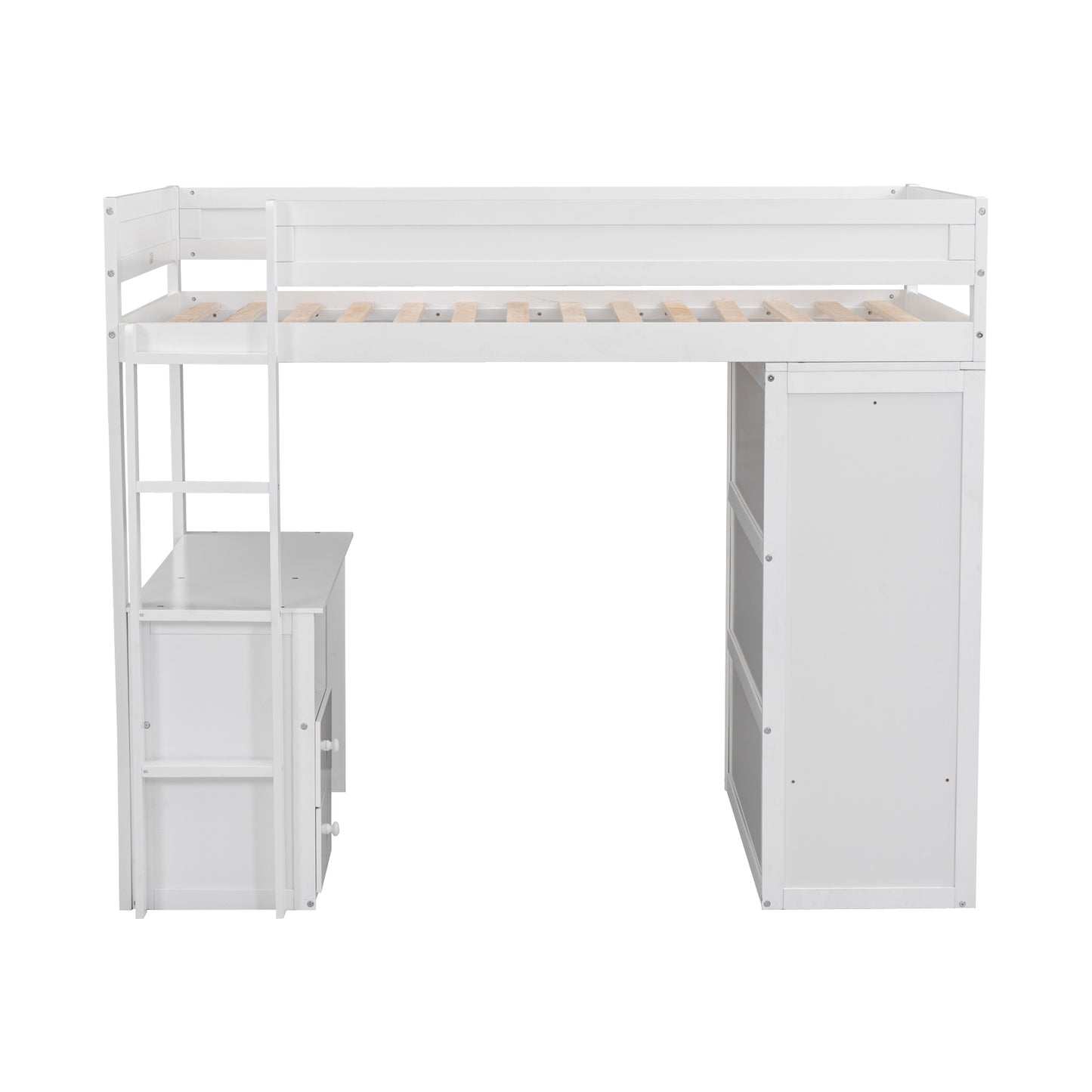 Wood Twin Size Loft Bed with Wardrobes and 2-Drawer Desk with Cabinet, White