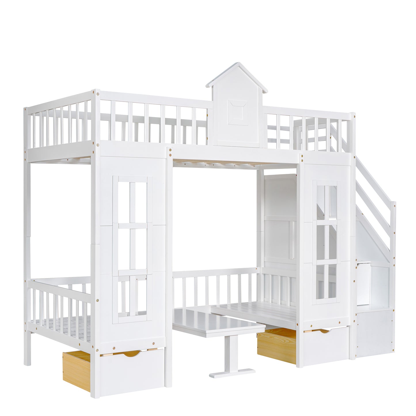 Convertible Twin Bunk Bed with Changeable Table - White - Versatile & Stylish Twin Over Twin Loft Bed