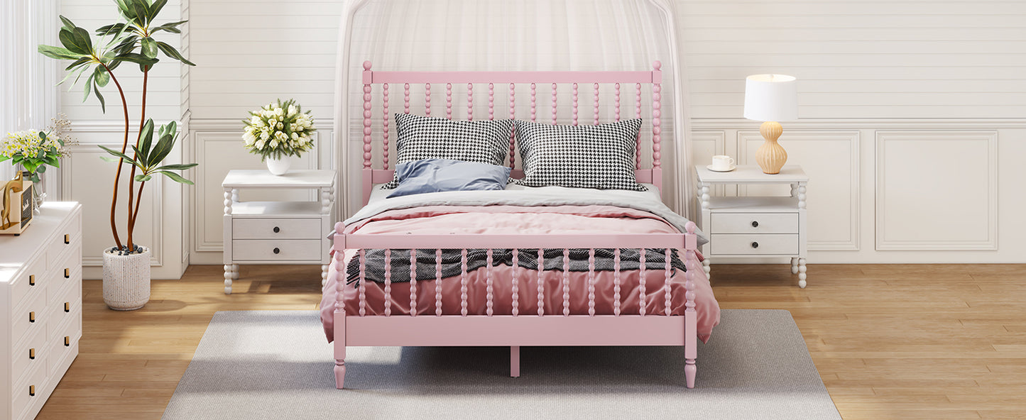 Queen Size Wood Platform Bed with Gourd Shaped Headboard and Footboard,Pink