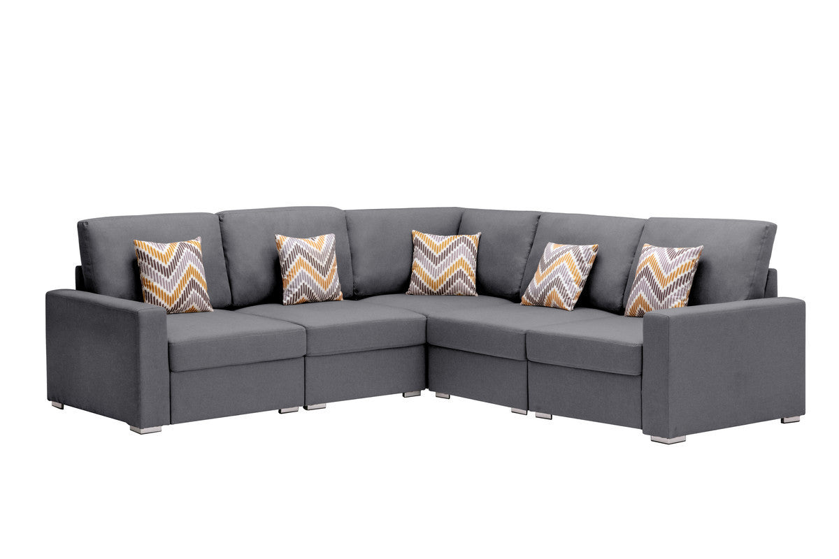 Nolan Gray Linen Fabric 5-Piece Reversible Sectional Sofa Set with Pillows and Interchangeable Legs