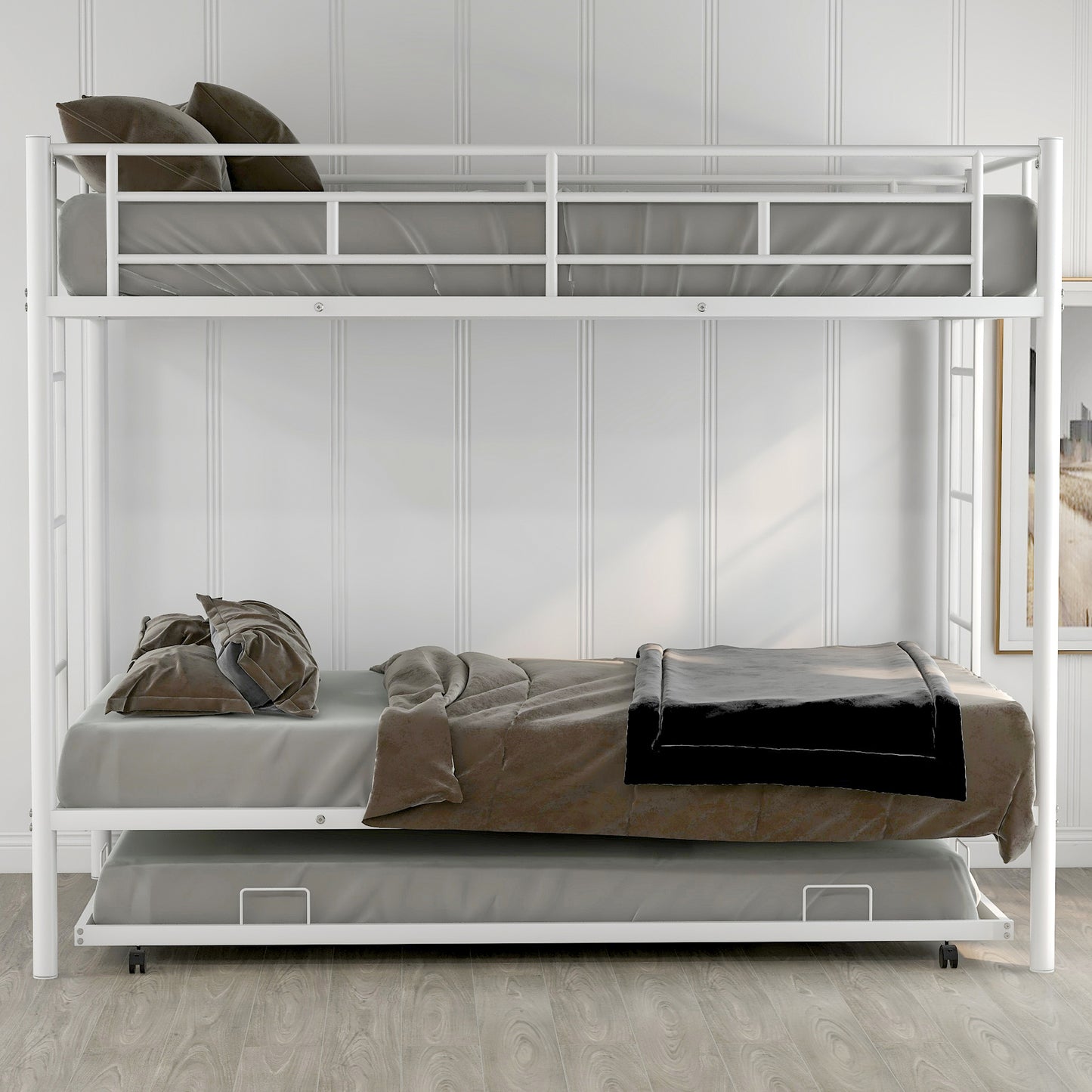 White Space-Saving Twin Bunk Bed with Trundle