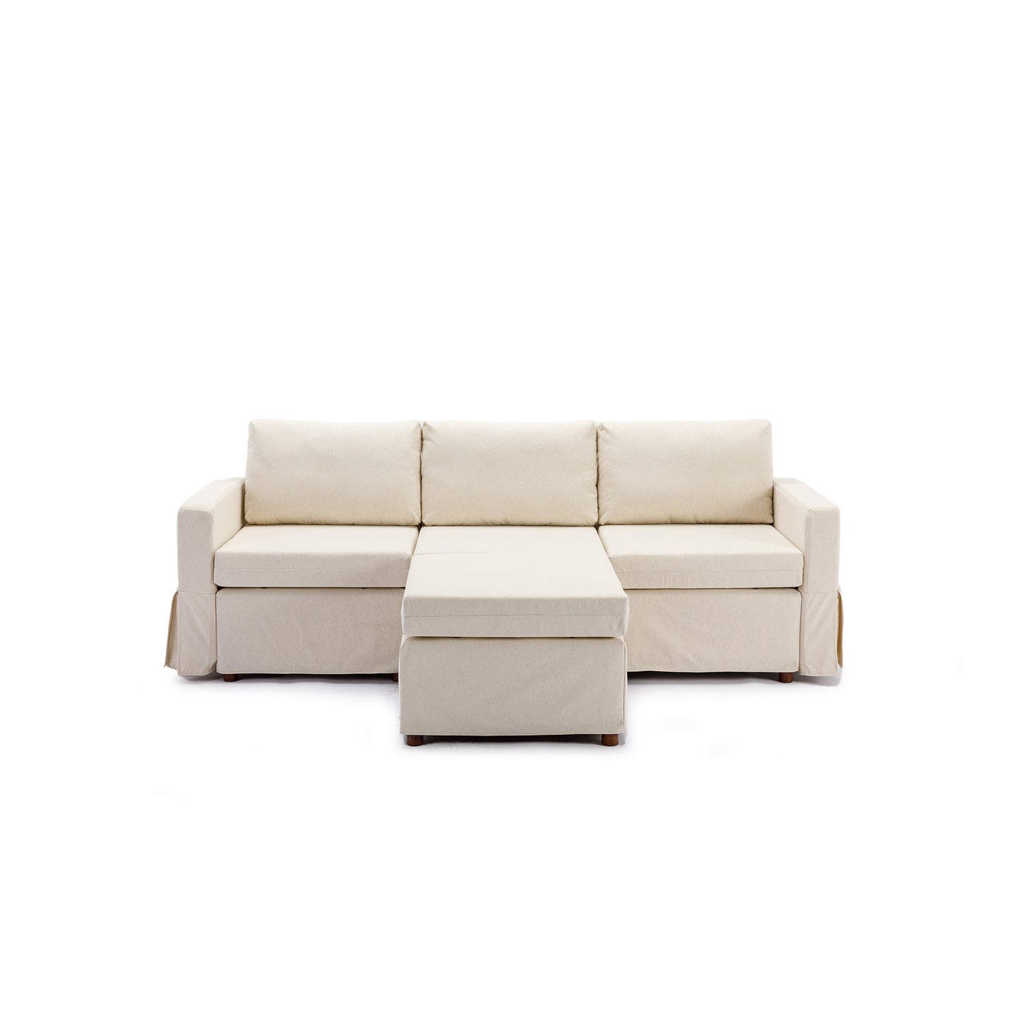 Cream Linen 3-Seat Modular Sectional Sofa Set with Ottoman