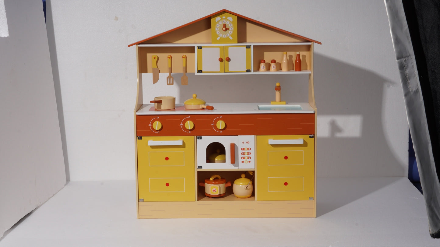 Kid's Wooden Pretend Play Kitchen Set in Yellow, with Cookware and Accessories