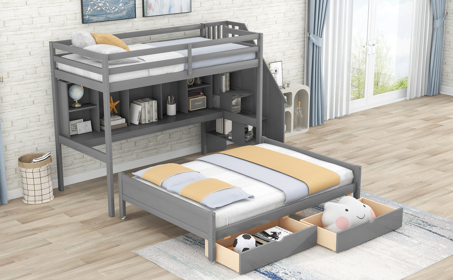 Gray Twin XL over Full Bunk Bed with Study Desk and Storage Solution