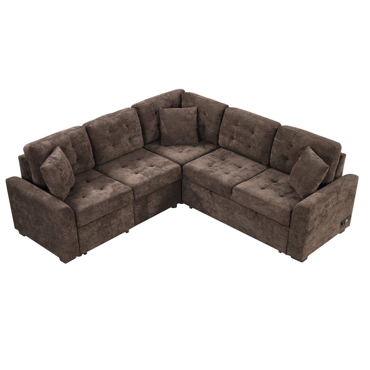 Convertible L-Shape Sleeper Sofa with USB Ports and Power Sockets, Brown