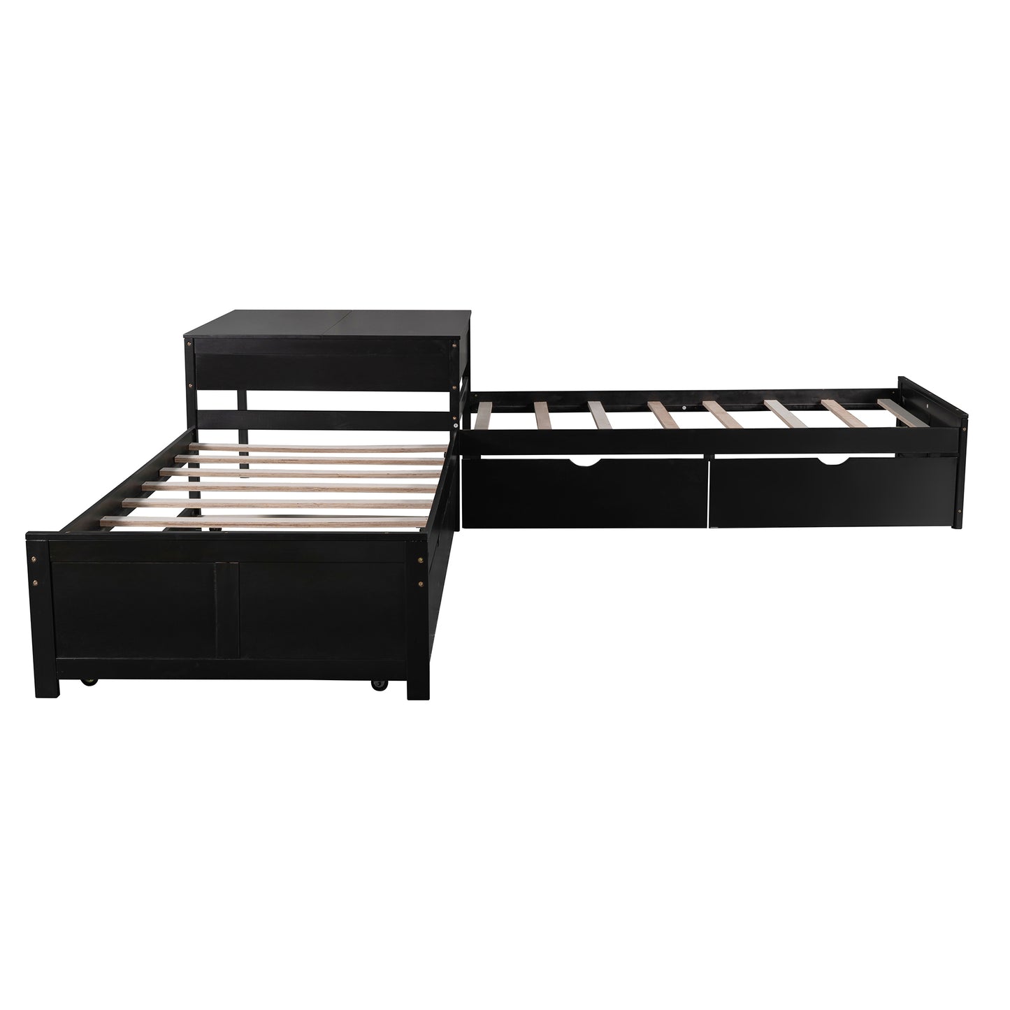 L-shaped Platform Bed with Trundle and Drawers Linked with built-in Desk,Twin,Espresso