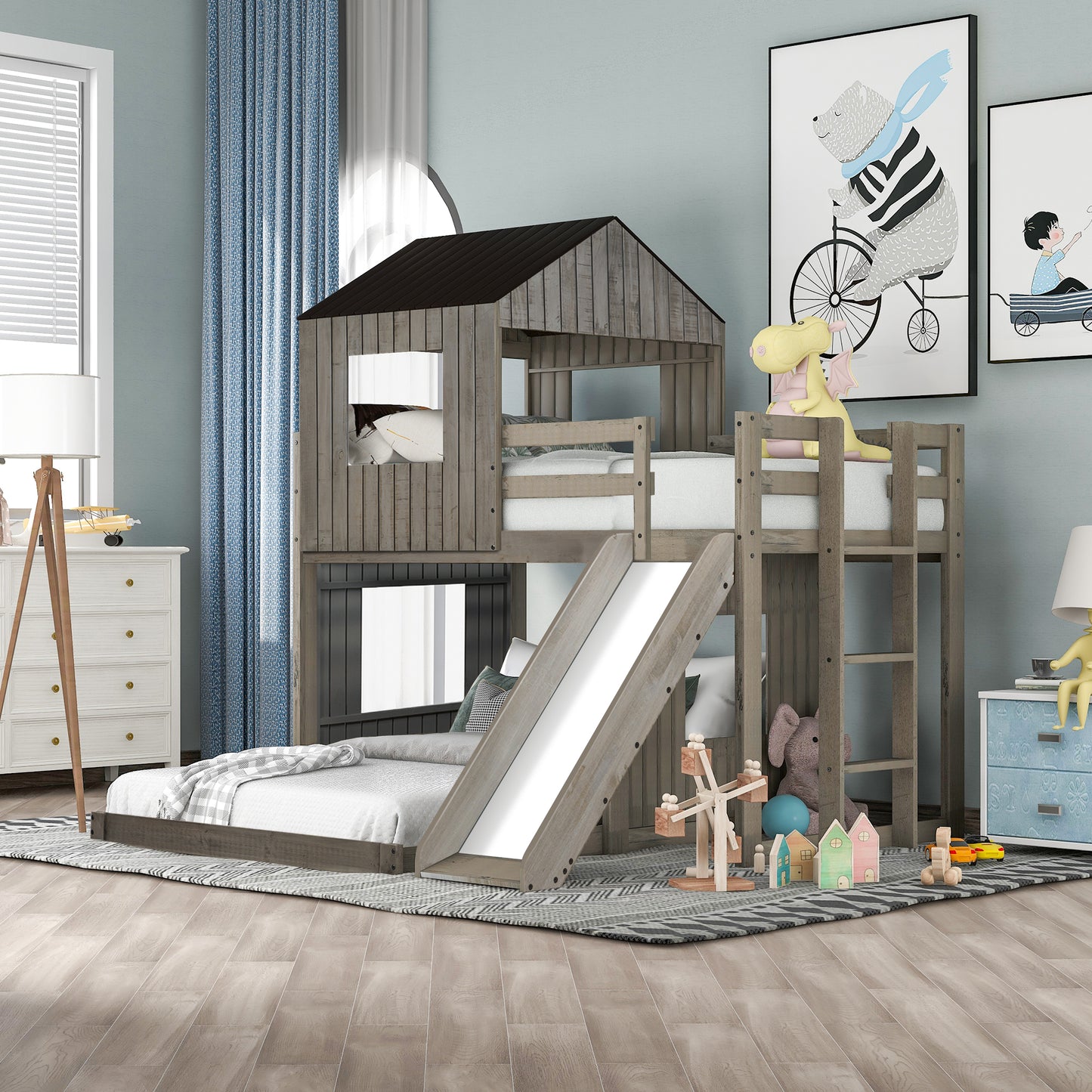 Playhouse Twin Over Full Bunk Bed with Ladder, Slide, and Guardrails in Farmhouse Style