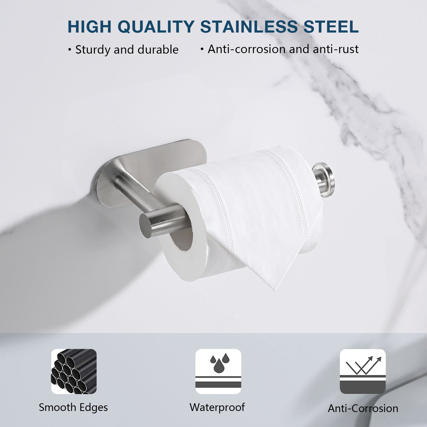 Wall-Mounted Stainless Steel Toilet Paper Holder with Self-Adhesive Feature