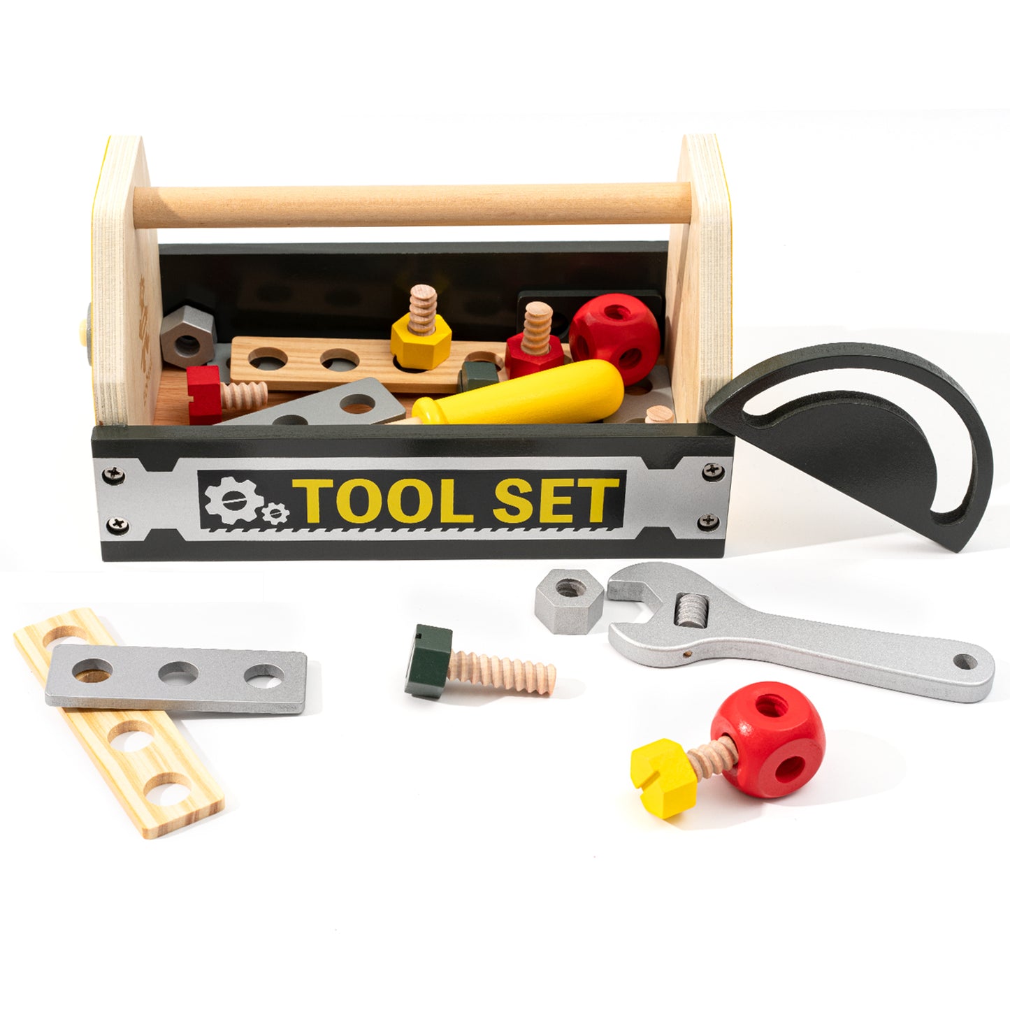 Kids Wooden Toy Toolbox with Building Blocks and Play Tools