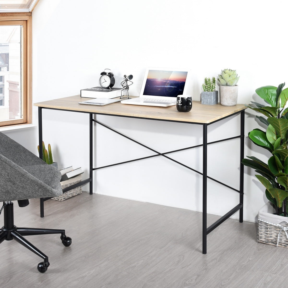 Contemporary Oak Writing Desk with Black Metal Frame and Rustic Industrial Style