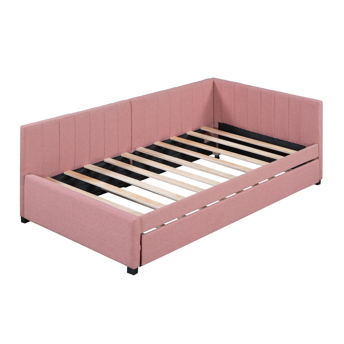 Upholstered Daybed with Trundle Twin Size Sofa Bed Frame No Box Spring Needed, Linen Fabric(Pink)