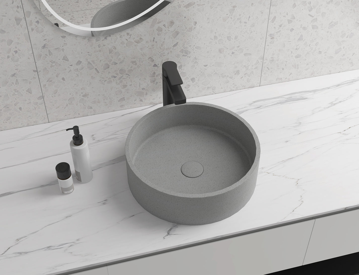 Round Concrete Vessel Bathroom Sink Handmade Concreto Stone Basin Counter Freestanding  Bathroom Vessel  Sink in Grey without  Faucet and Drain