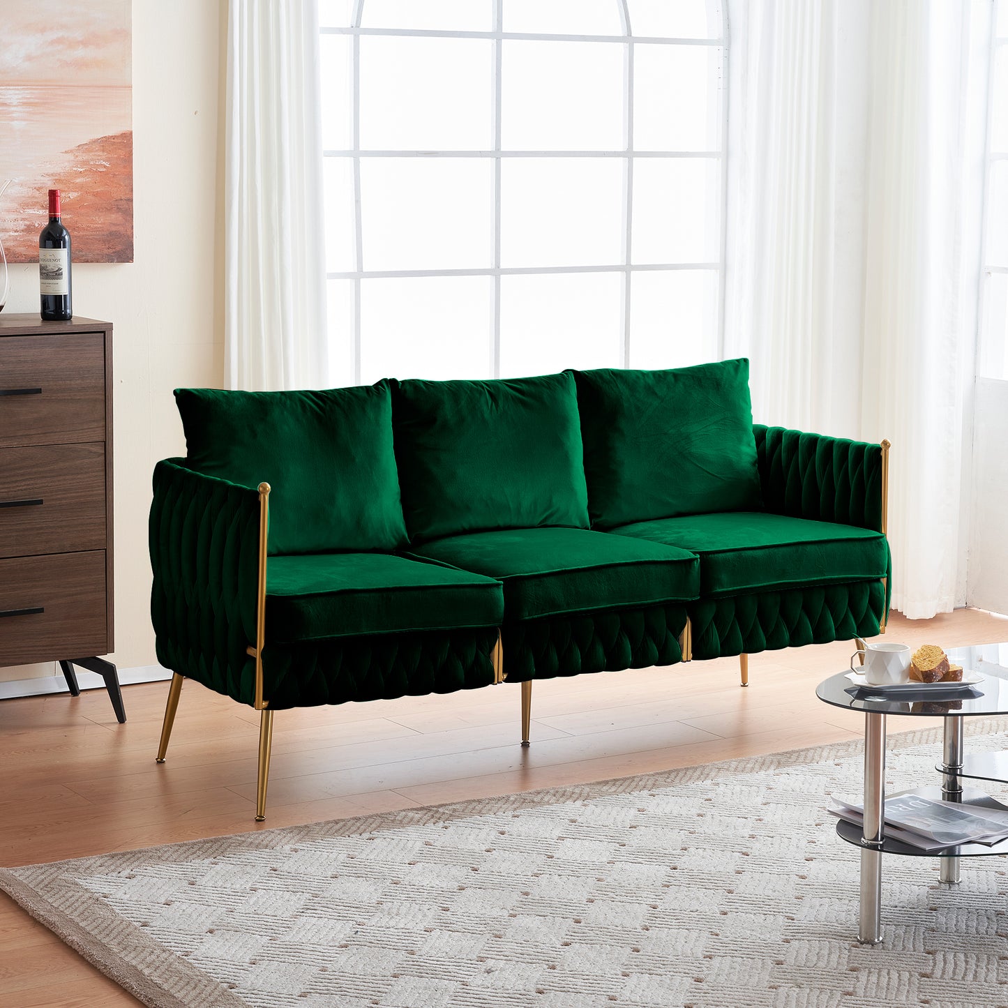 Velvet Couch Sofa for Three People , Upholstered Sofa with Stylish Woven Back, Small Comfy Couch with 3 Pillows, Modern 3-Seat Sofa with Gold Frame for Living Room , Green Velvet