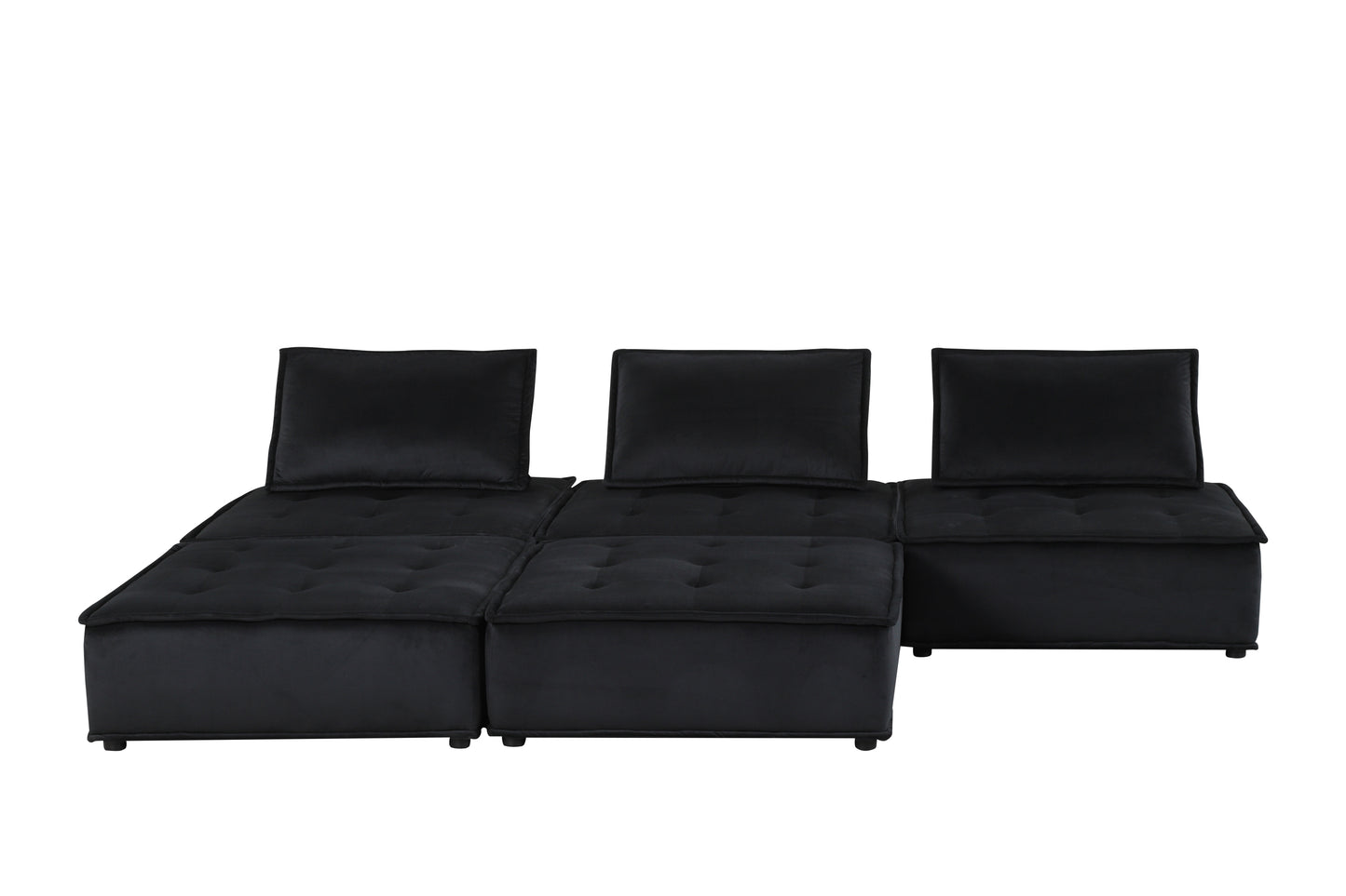 Anna Black Velvet 5 Piece Sectional Sofa with Ottoman