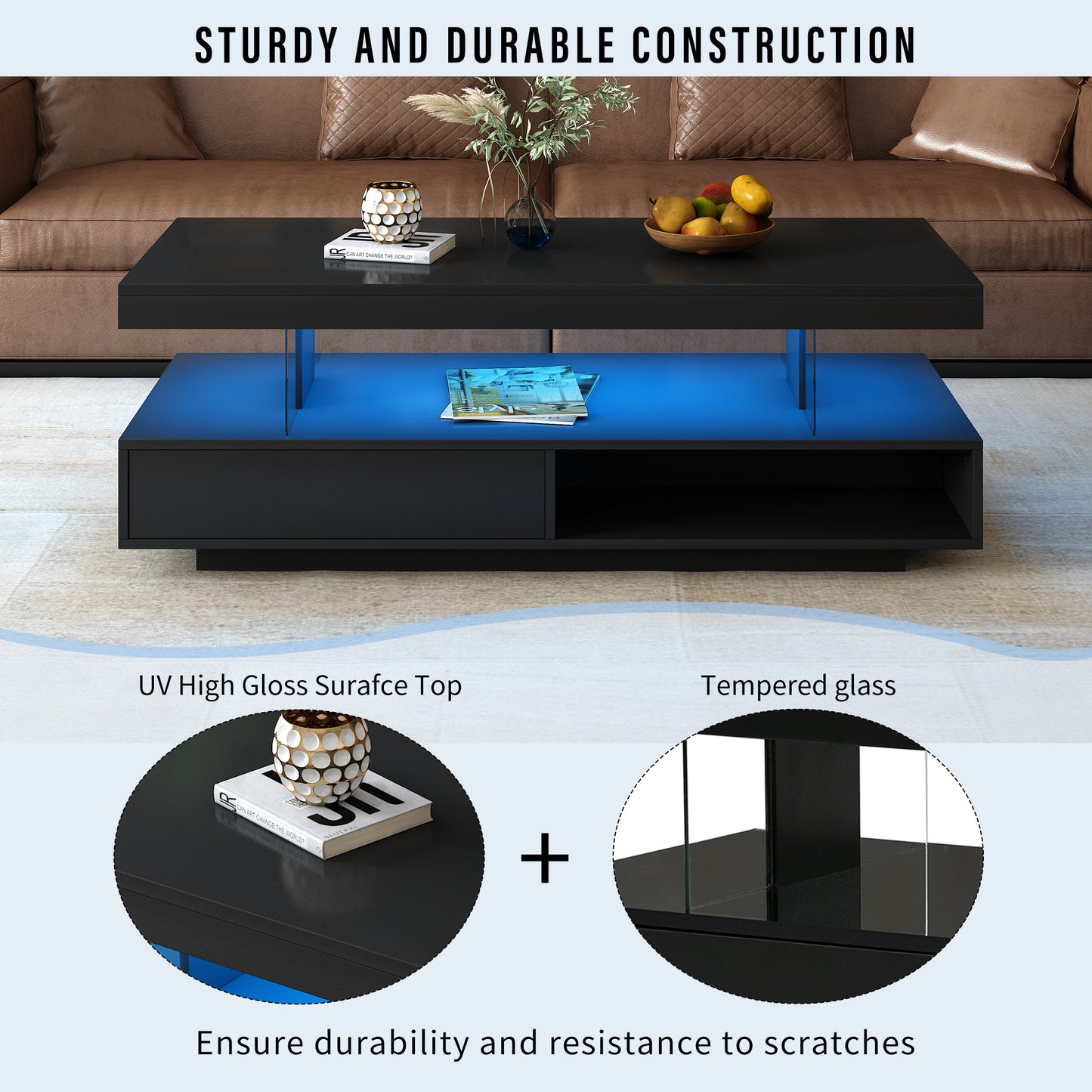 Modern Black LED Coffee Table with Storage and Display Shelves