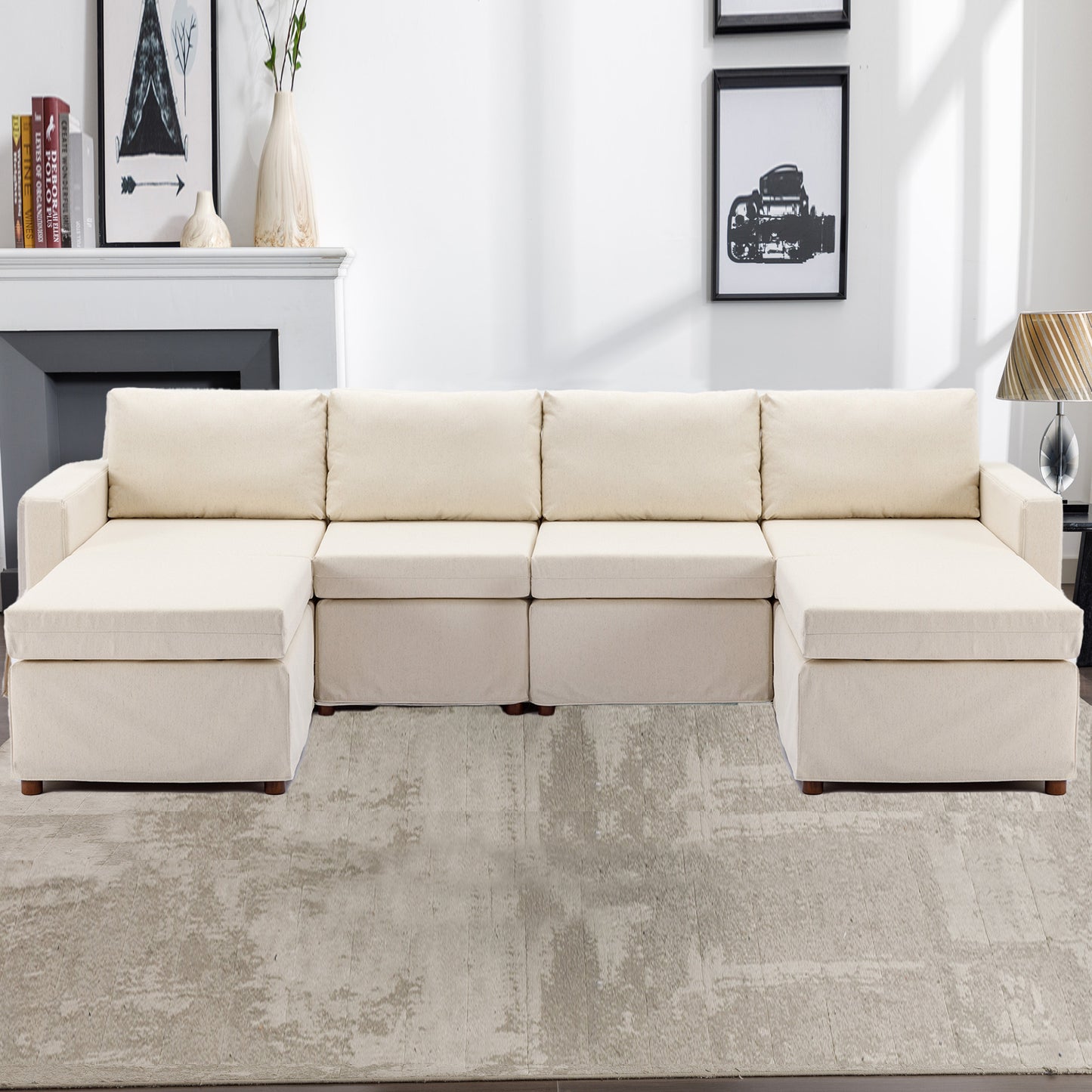 Elegant Cream Modular Sectional Sofa with Ottoman and Washable Cushions