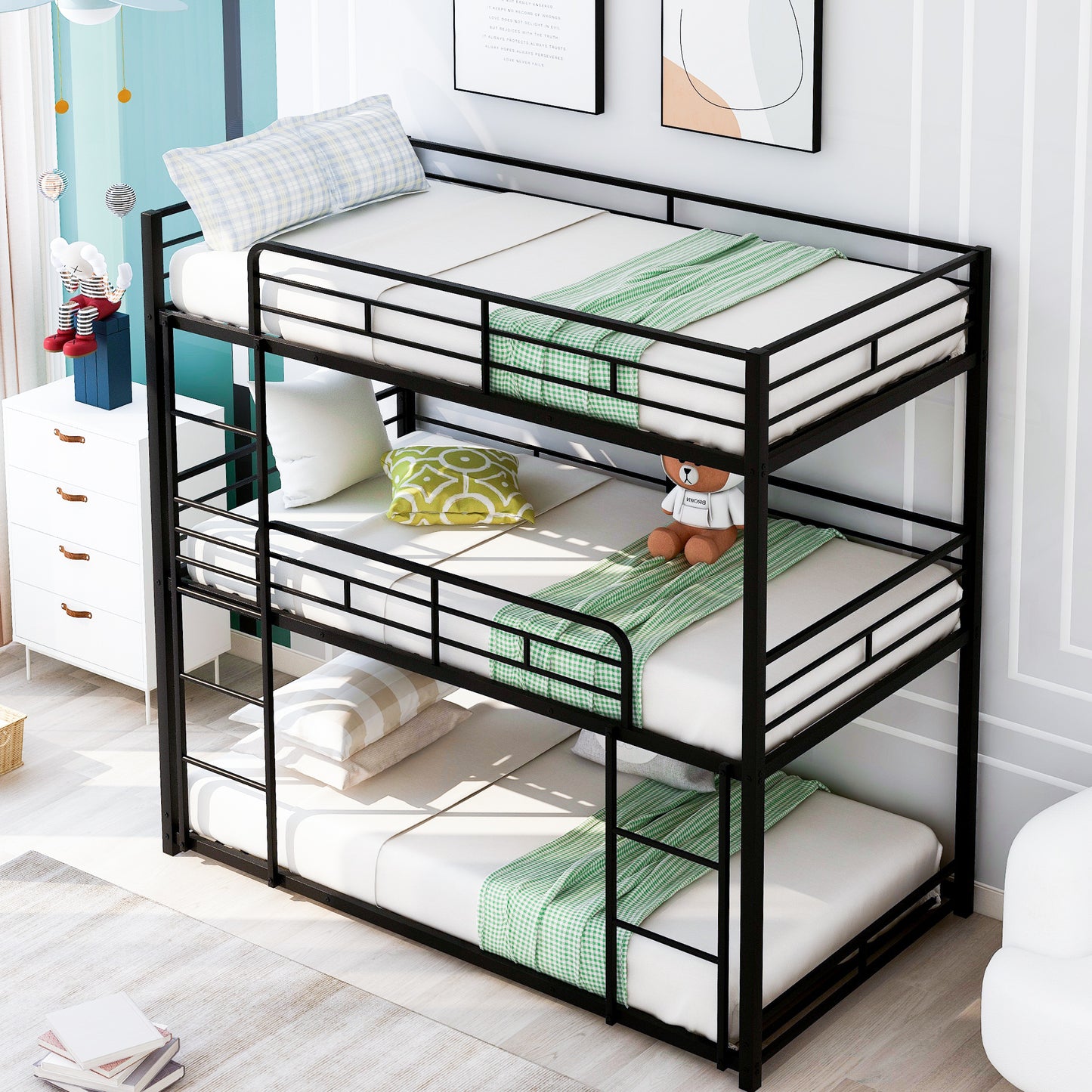 Sleek Black Metal Triple Bunk Bed with Twin Size