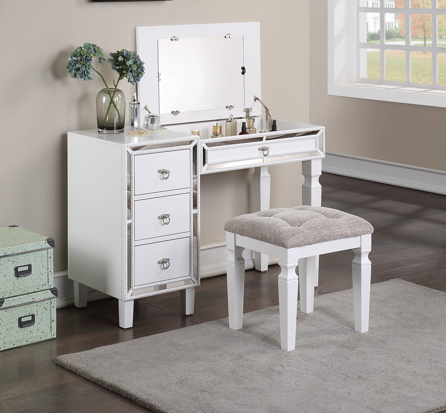 Traditional Formal White Color Vanity Set w Stool Storage Drawers 1pc Bedroom Furniture Set Tufted Seat Stool