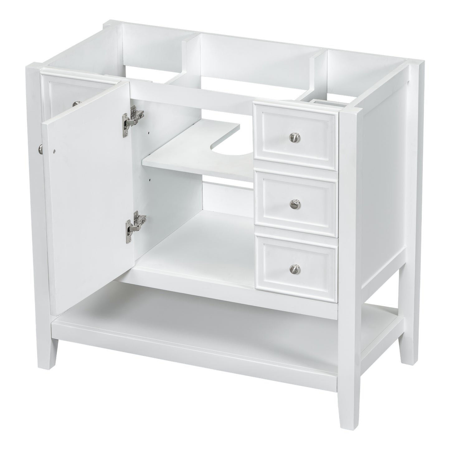 36" Bathroom Vanity without Sink, Cabinet Base Only, One Cabinet and three Drawers, White