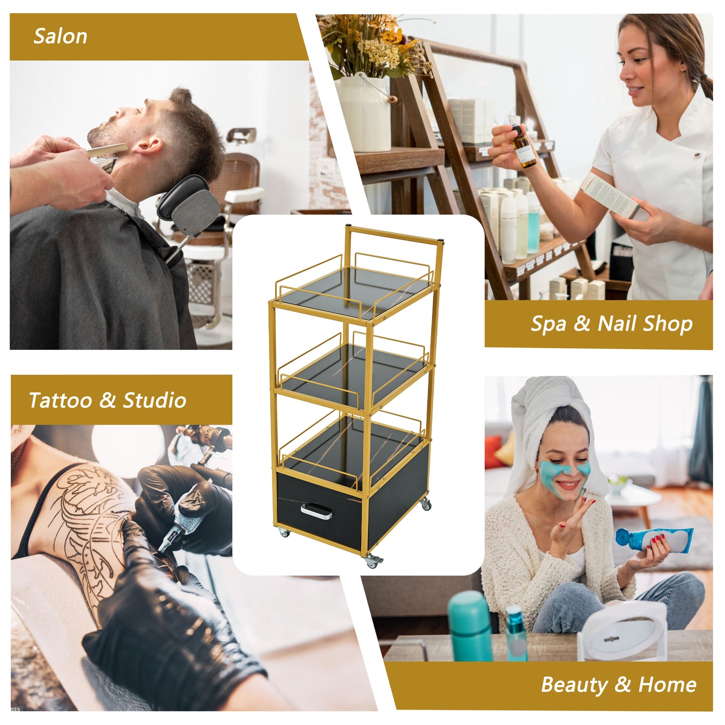 Beauty Salon Storage Trolley Cart,with Lockable Rolling Wheels,Metal Frame Marbled Board,Drawer Barber Salon Furniture,Black