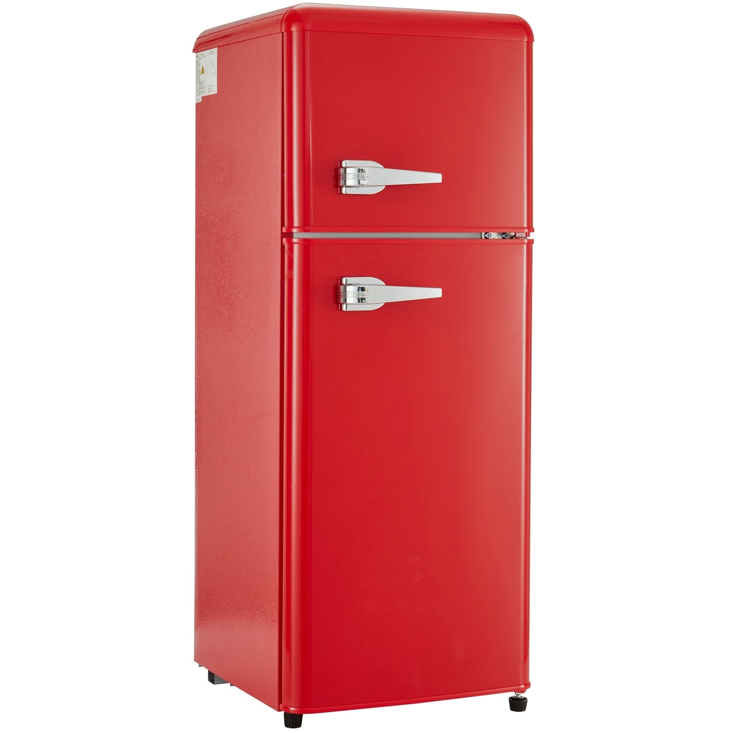 Compact Dual Zone Refrigerator with 3.3 Cu.Ft Fridge + 1.2 Cu.Ft 4-Star Freezer, 7 Temperature Settings, 45 dB, Red, Silver Handles, LED Lighting, Adjustable Shelves