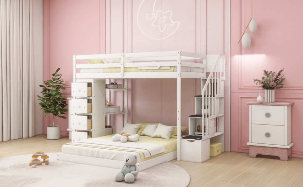 White Twin Over Full Bunk Bed with Storage Stairs & Drawers for Space-Saving Solution