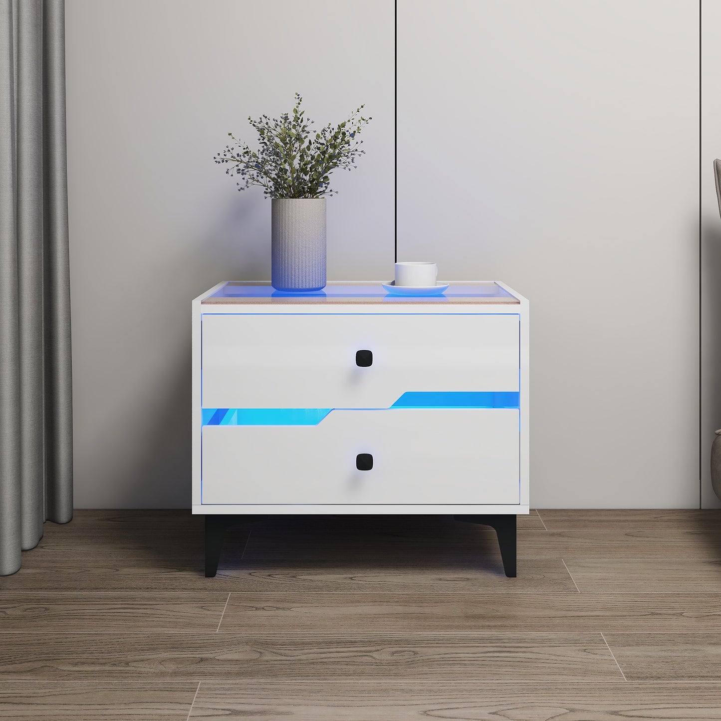 Smart Bedside Table, Nightstand with LED Light Nightstand Modern White High Gloss Bedside Table with 2 Storage Drawers for Bedroom Wooden Smart Side Table End Table with LED Lights (White)