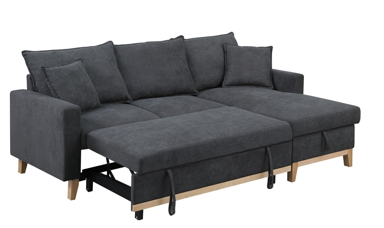 Convertible Dark Grey Upholstered Sleeper Sectional Sofa with Built-In Storage Chaise