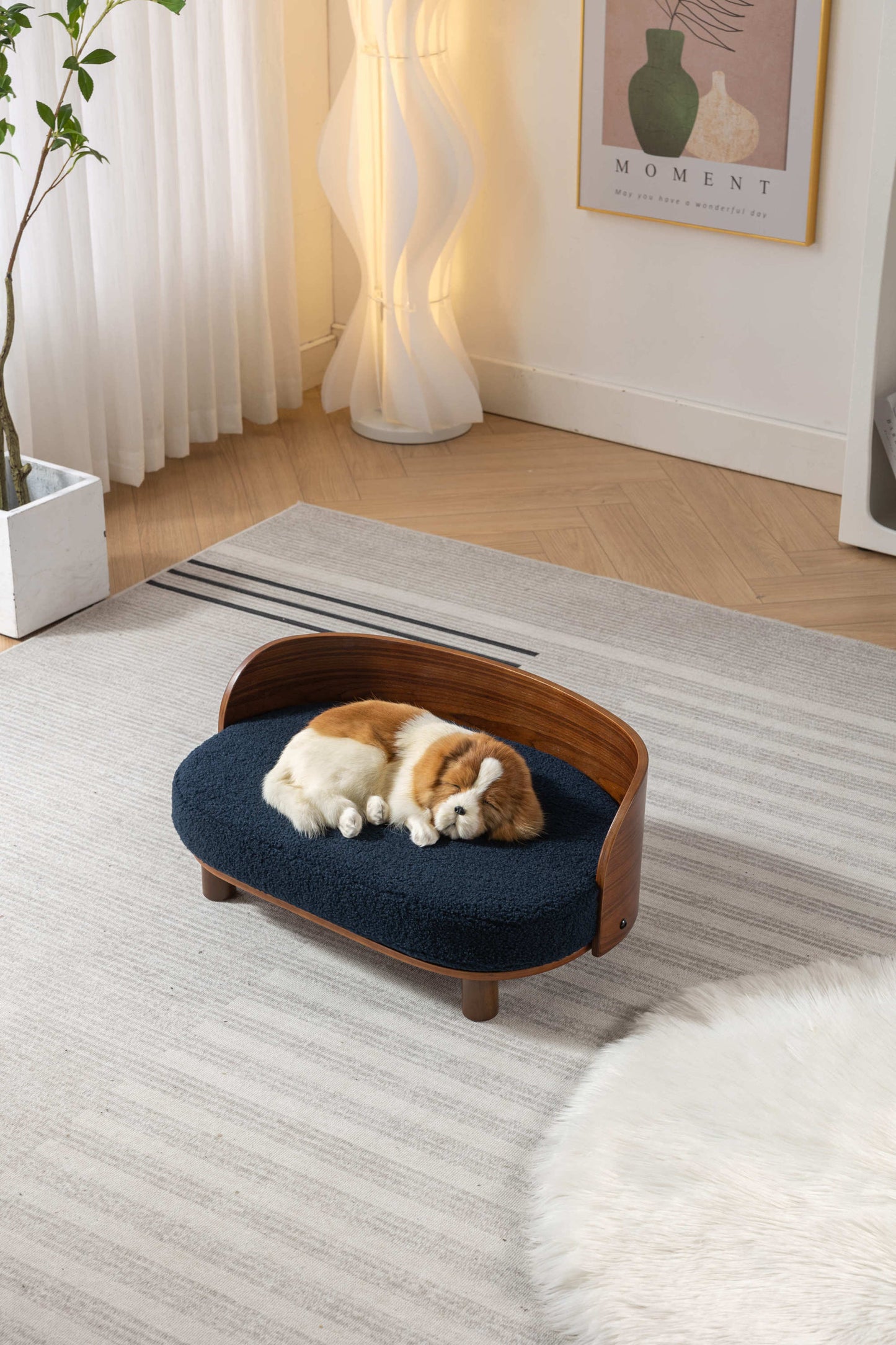 Scandinavian style Elevated Dog Bed Pet Sofa With Solid Wood legs and Bent Wood Back, cashmesh Cushion, Walnut wood,dark blue cashmesh.