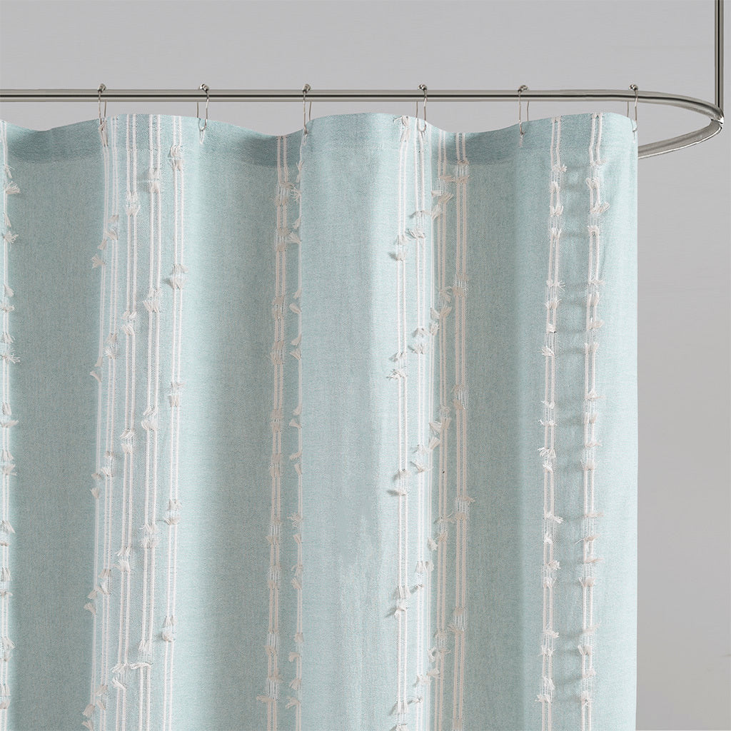 Stripe Jacquard Cotton Shower Curtain with Aqua Details