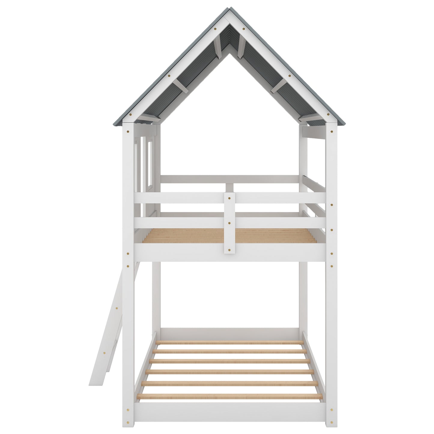 Barnyard Style White Twin Bunk Beds with Roof and Fence Guardrail