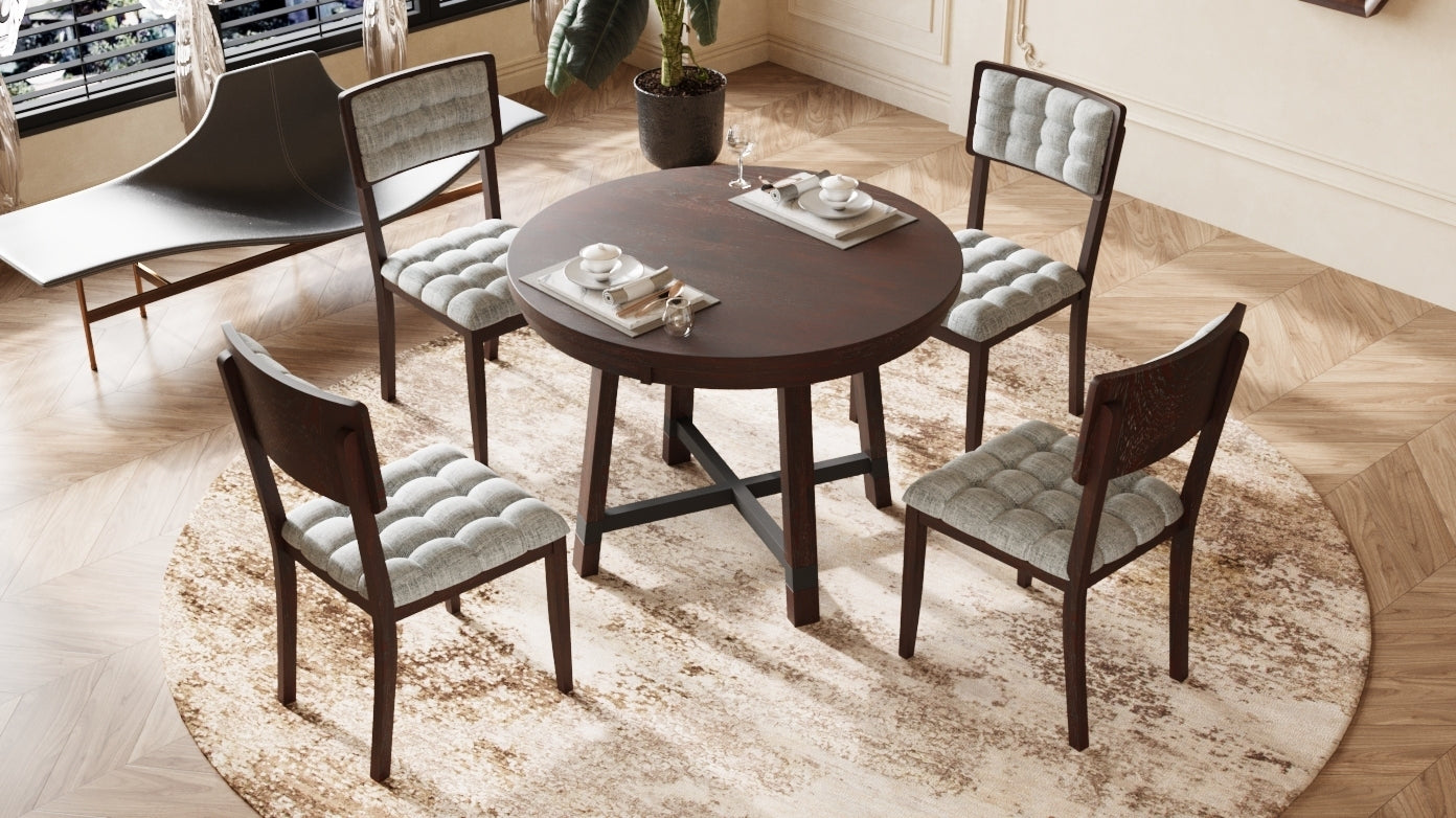 Rustic 42inch Round Dining Table Set with Cross Legs and Upholstered Dining Chairs for Small Places, Espresso