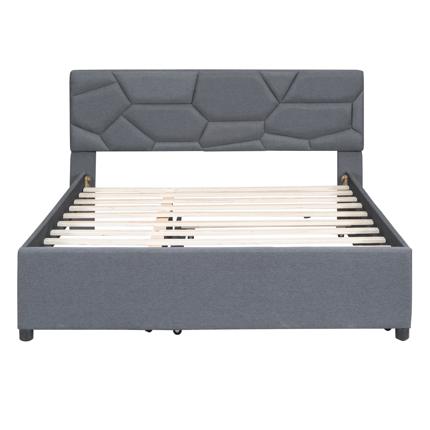 Queen Size Upholstered Platform Bed with Brick Pattern Headboard and Twin XL Size Trundle, Linen Fabric, Gray