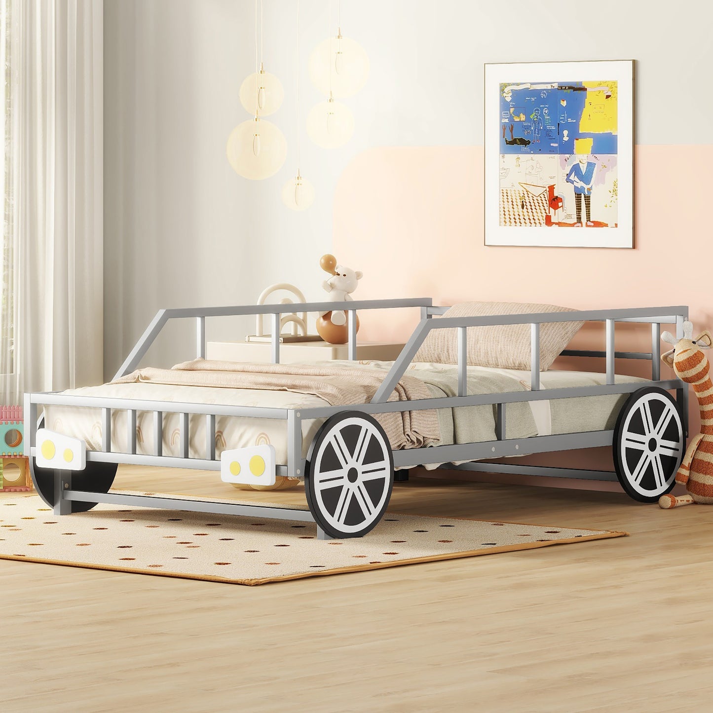 Metal Twin Size Car-shaped Platform Bed with Wheels and Headlights Decoration, Silver