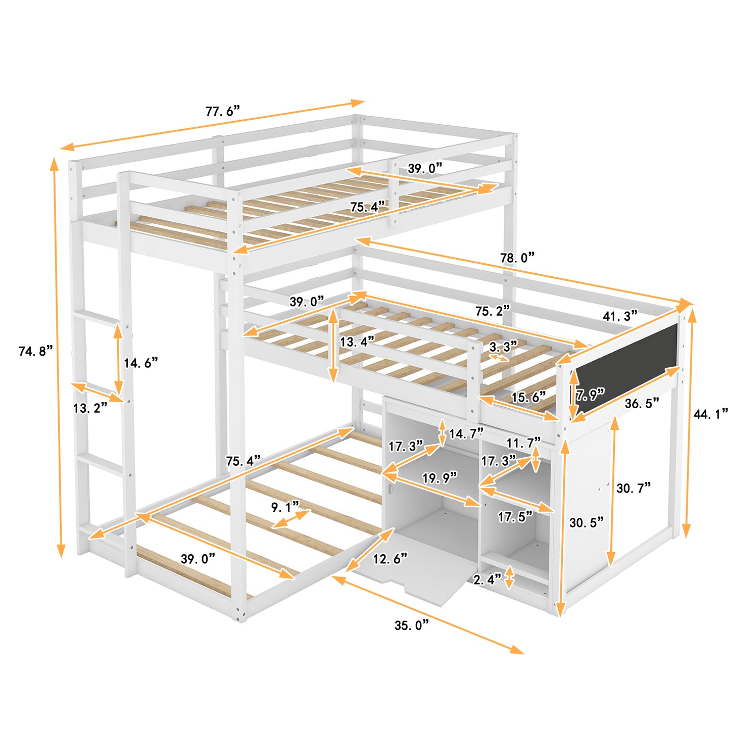 L-Shaped Triple Bunk Bed with Storage Cabinet, Blackboard, and White Finish - Innovative Space-Saving Solution