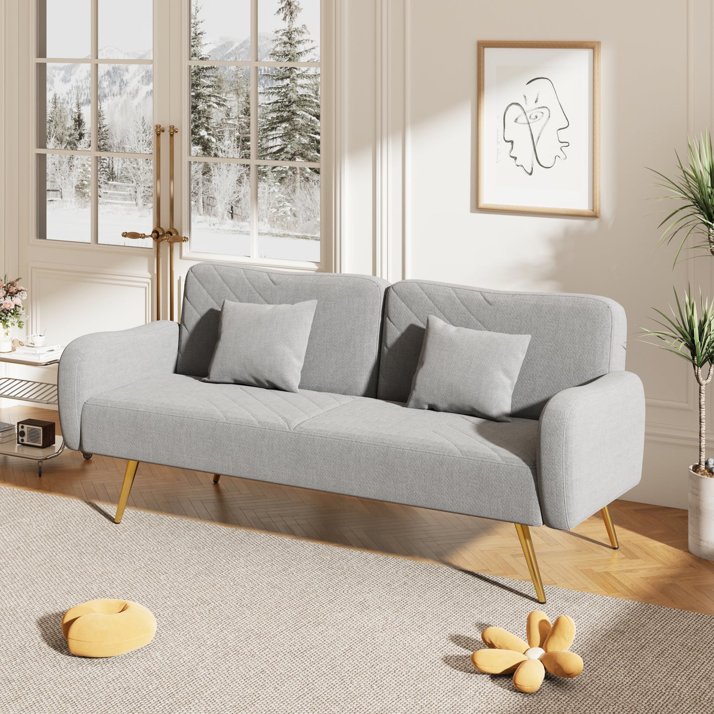 70.47 Gray Fabric Double Sofa with Split Backrest and Two Throw Pillows