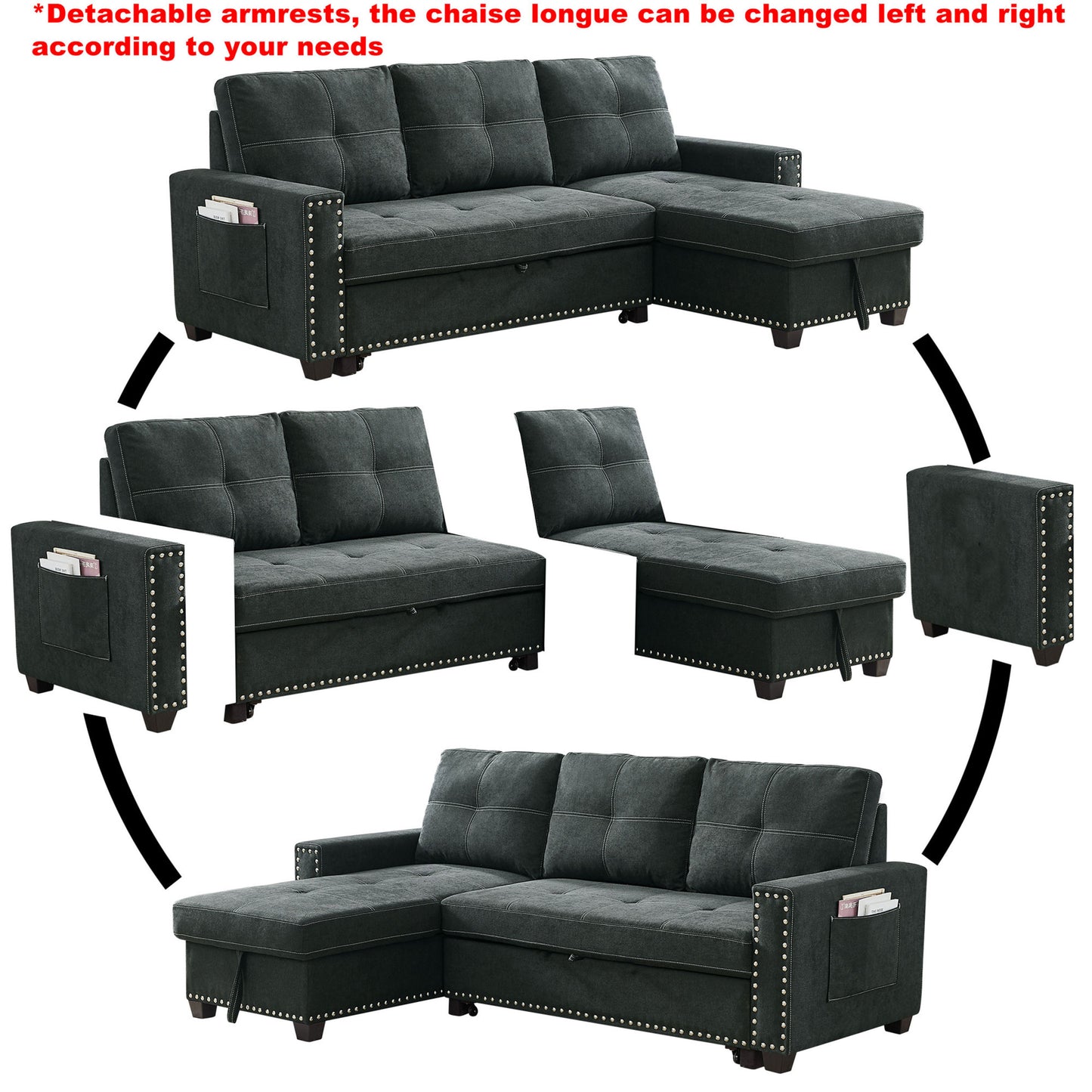 Sleeper Sofa Sectional with Reversible Storage Chaise and Side Storage Bag, Black Fabric, Modern Design