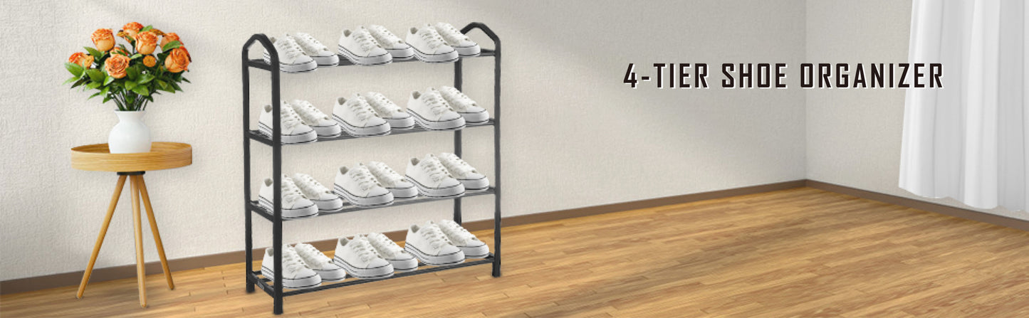 4-Tier Stackable Shoe Rack, 12-Pairs Sturdy Shoe Shelf Storage , Black Shoe Tower for Bedroom, Entryway, Hallway, and Closet