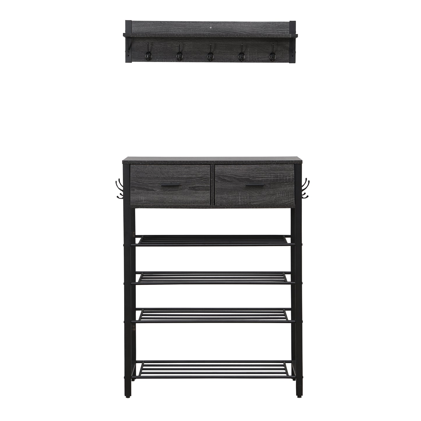 Entryway 4-tier Shoe Shelf with Two Drawers and Coat Rack, One Set Entryway Show Rack with Storage and Hooks