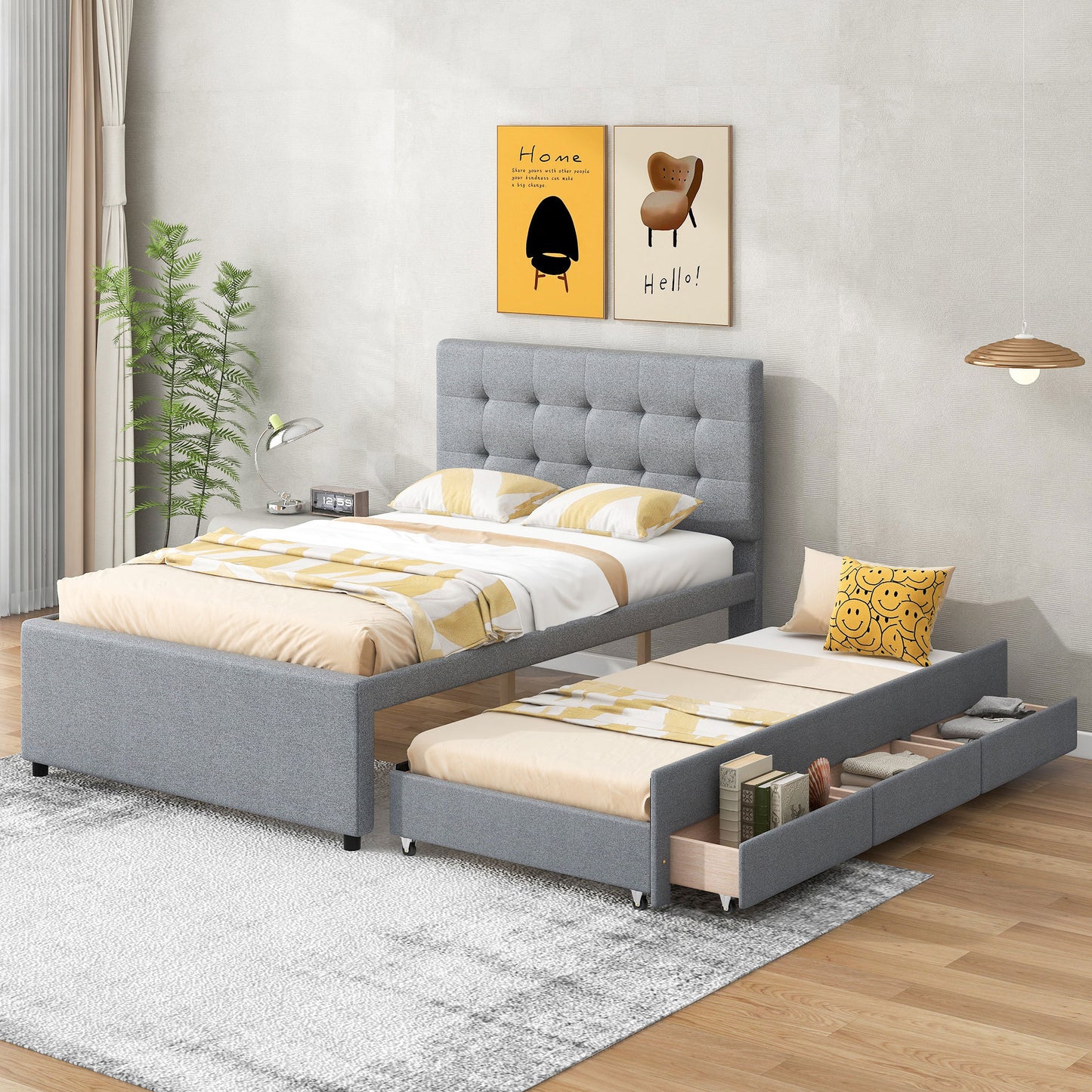 Full Size Upholstered Platform Bed with Pull-out Twin Size Trundle and 3 Drawers, Gray